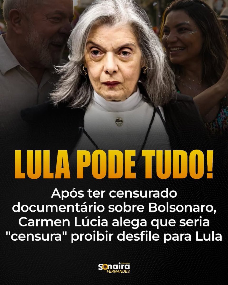 Com voto da Ministra Carmen Lúcia, em 2022 o documentário “Quem mandou m4t4r Bolsonaro?”, da Brasil Paralelo, não foi ao ar. Mas hoje, com voto favorável da mesma ministra, uma escola de samba que recebe dinheiro público poderá fazer um desfile em homenagem à Lula. Além da nossa