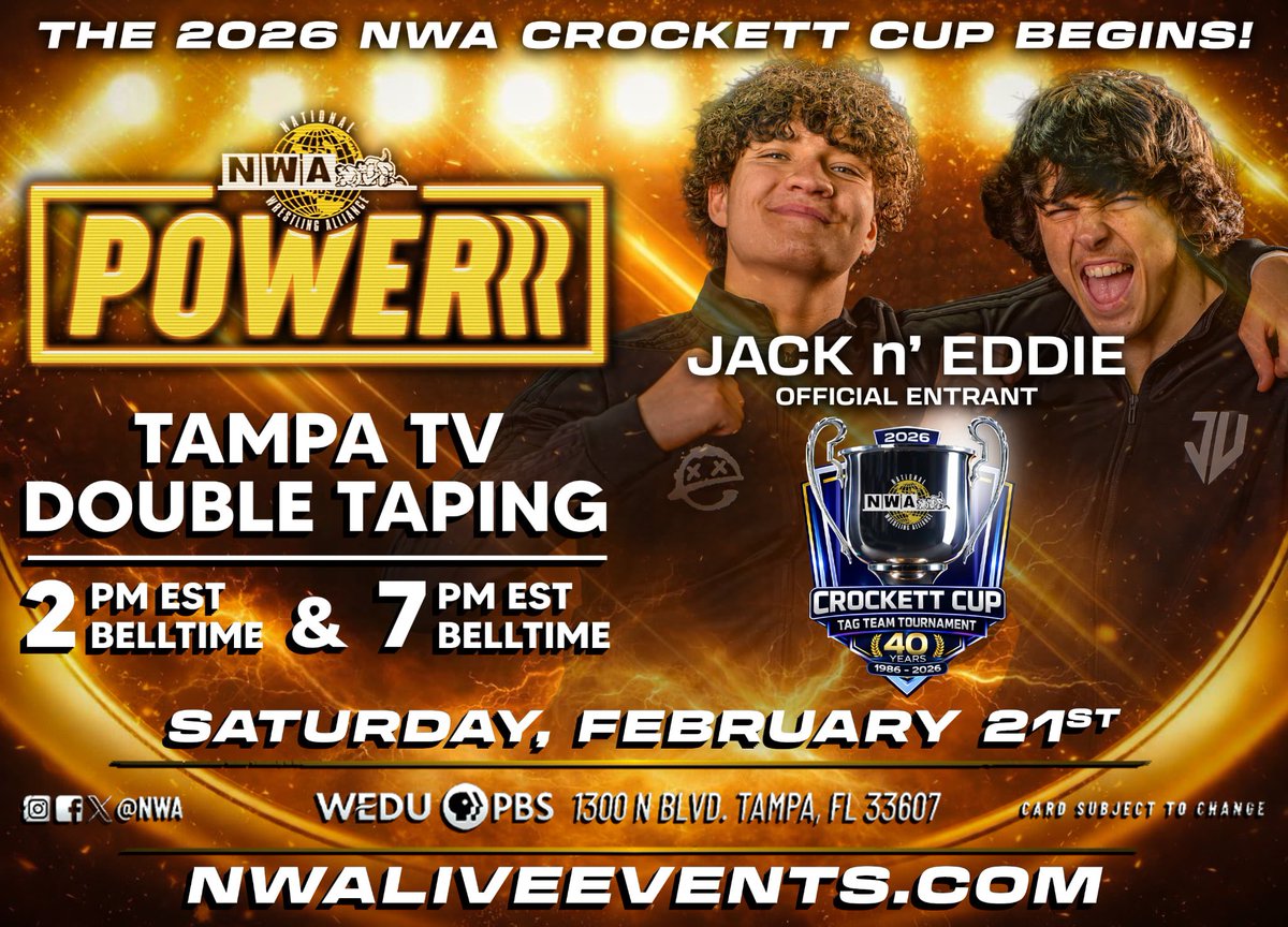 nwa's tweet photo. 𝘽𝙍𝙀𝘼𝙆𝙄𝙉𝙂: The youthful competitive energy of NWA newcomers, @Jack_Valor_PW & @EddieGraysonPW, are the next official entrants in the 2026 NWA Crockett Cup Tag Team Tournament!

Having gained attention at @NWAChicago, the fast-paced tag team continuity of Jack n’ Eddie could catch the entire NWA off guard and place them as the bracket-busting wild cards of this year’s tournament!

The 2026 Crockett Cup kicks off Sat., Feb. 21, during the 𝙉𝙒𝘼 𝙋𝙊𝙒𝙀𝙍𝙍𝙍 𝙤𝙣 𝙍𝙤𝙠𝙪 double tapings at WEDU Studios in Tampa, FL. Get your tickets to experience the action live and in person to both 2 PM & 7 PM events now! https://t.co/P2gxaJF66L

As more teams are announced, which teams do YOU want to see in this year’s Cup?