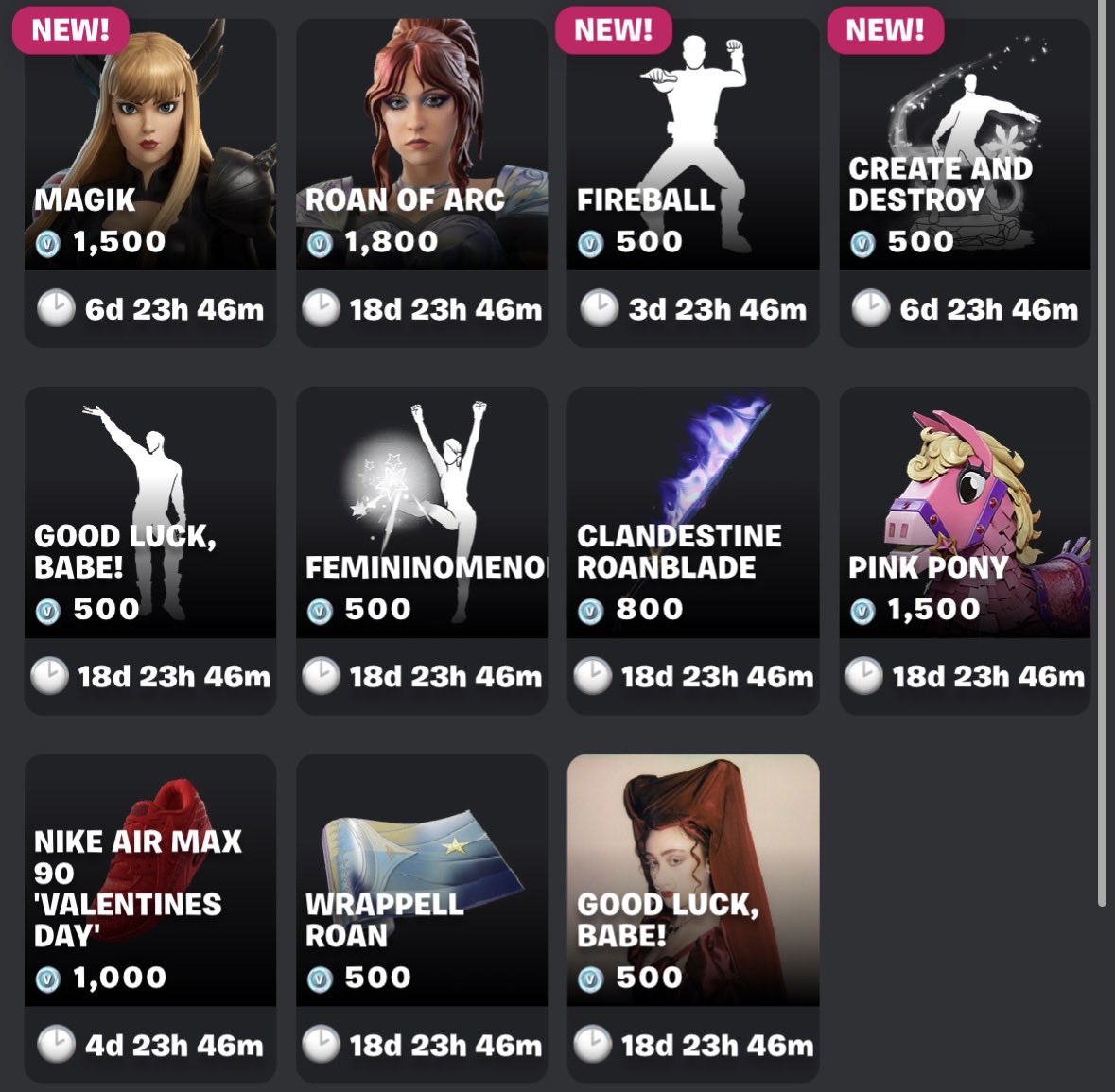 Tonight’s Fortnite Item Shop wishlist! 💘💫

What’s new that’s been added: 

• Magik 🖤
• Fireball ICON emote 🪩 
• Create and Destroy Luna’s snow emote ❄️

What is your wishlist? 👀 #Fortnite 🫶🏻