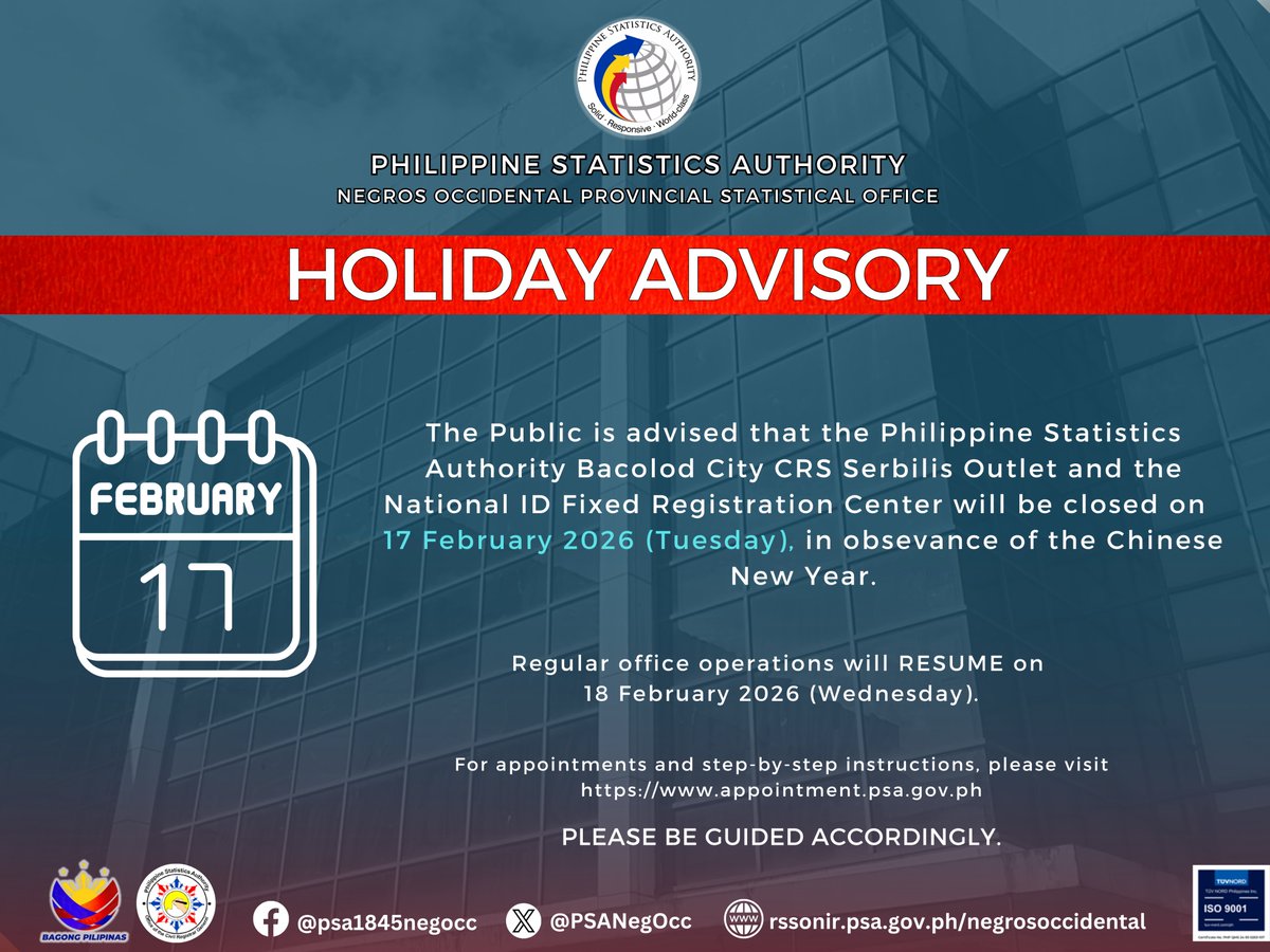 PSANegOcc's tweet photo. 𝐇𝐎𝐋𝐈𝐃��𝐘 𝐀𝐃𝐕𝐈𝐒𝐎𝐑𝐘
The Public is advised that the 𝑩𝒂𝒄𝒐𝒍𝒐𝒅 𝑪𝒊𝒕𝒚 𝑪𝑹𝑺  𝑶𝒖𝒕𝒍𝒆𝒕 and 𝑵𝒂𝒕𝒊𝒐𝒏𝒂𝒍 𝑰𝑫 𝑭𝑹𝑪 will be closed on 𝟏𝟕 𝐅𝐞𝐛𝐫𝐮𝐚𝐫𝐲 𝟐𝟎𝟐𝟔 (𝐓𝐮𝐞𝐬𝐝𝐚𝐲) in observance of the Chinese New Year. https://t.co/TDxiqu9xTh