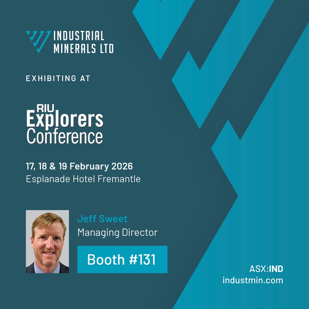 industmin's tweet photo. Make sure to drop by booth #131 and meet $IND.AX if you're attending the 2026 RIU Explorers Conference next week.

#IND's MD, Jeff Sweet will be available at the booth throughout the conference to share the Company's story and activities.

https://t.co/FvpdjdIIbT

#RIUExplorers26 https://t.co/raeYKCfpm8