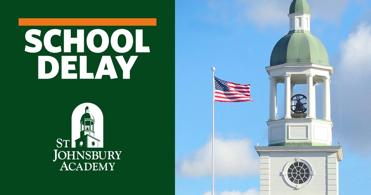 StJAcademy's tweet photo. We will have a delayed start schedule tomorrow, Mon. Feb. 16, due to a major water main break in St. Johnsbury. The town crew is working hard, but we suspect it won't be restored until tomorrow. We will communicate by 7:00 in the morning if we need to proceed with a cancellation. https://t.co/SpP5xvOZfH