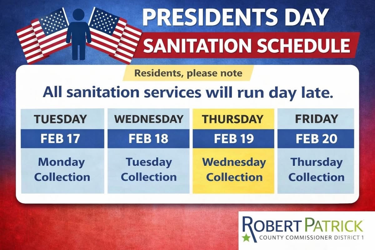 🇺🇸 Presidents Day Sanitation Schedule Update 🇺🇸

In observance of Presidents Day on Monday, February 16, residential garbage, recycling, and yard trimmings collection in DeKalb County will run one day late for all customers.

#DeKalbCounty #PresidentsDay #SanitationUpdate