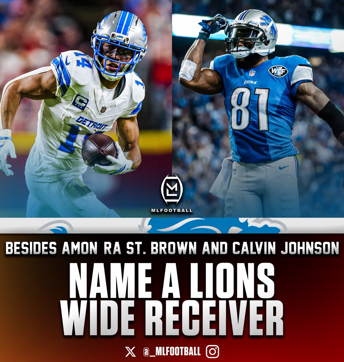 MLFootball's tweet image. NAME A #LIONS WIDE RECEIVER OTHER THAN AMON-RA ST. BROWN OR CALVIN JOHNSON: