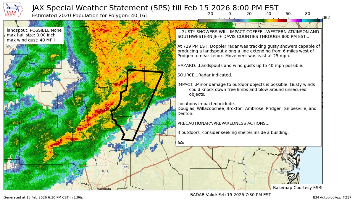 GUSTY SHOWERS WILL IMPACT COFFEEWESTERN ATKINSON AND SOUTHWESTERN JEFF DAVIS COUNTIES THROUGH 800 PM EST [landspout: POSSIBLE, wind: 40 MPH, hail: 0.00 IN] mesonet.agron.iastate.edu/p.php?pid=2026…