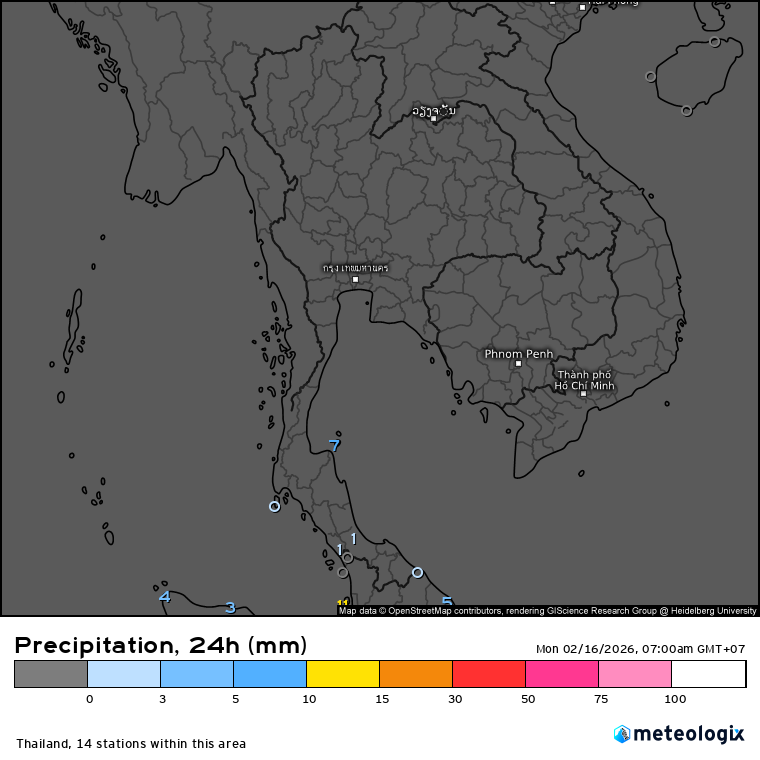 HelmutDuerrast's tweet photo. 16 Feb 26
Yesterday's RAIN fall over 24 hrs in mm #Thailand via https://t.co/y52usiqJQd.
>NEMonsoon RAIN mainly passed
>Almost no RAIN
>Max RAIN 7.1 mm in #KoSamui https://t.co/FUVsSKGvq6