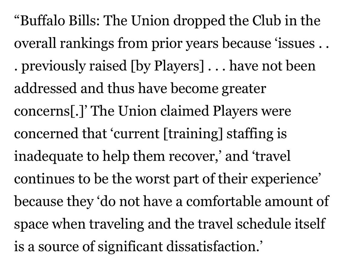 “Players were concerned that ‘current [training] staffing is inadequate to help them recover.”

This coming as the #Bills seemed to deal with more injuries than in years past throughout the season.