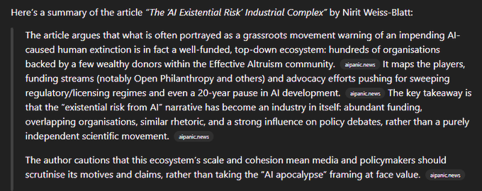 AshNoirX's tweet photo. Leave it up to the trenches to be spoonfed an article with a clear narrative and completely misunderstand the entire point of said article, because everyone here has zero reading comprehension.

The point of the article is that the Anti-AI movement is essentially just funded propaganda. The real movement here is the "Doomer Industrial Complex", which he states in the tweet.

The Doomer Industrial Complex is referring to the organizations pushing this AI Existentialism narrative, which are being funded by wealthy donors.

The coin you are pushing is exactly the OPPOSITE of what the article is trying to say. The real conspiracy is the Doomer Industrial Complex - the organizations pushing the propaganda that AI is bad.

https://t.co/DRStApeB4r