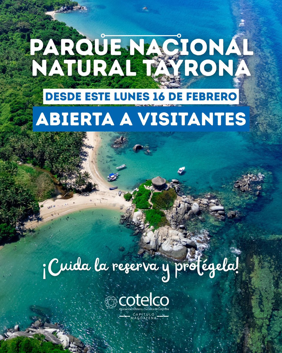 #CotelcoMagdalena | Desde este lunes 16 de febrero la reserva del #ParqueTayrona reabre sus puertas a visitantes, luego del periodo de descanso y oxigenación. 

Invitamos a visitar la reserva, cuidarla y protegerla.