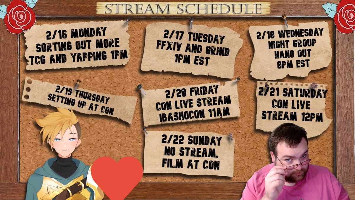 Wild schedule this week! We are sorting and yapping TCG tomorrow! Then Tuesday is a FFXIV Grind day; Wednesday is Game night with @tat3r_king <a href="/luci_bytes/">Luci Bytes</a> and <a href="/berribaelith/">Berri💀🪽</a>!!! THEN I will be with <a href="/Boxuchan1/">Boxuchan</a> live streaming while we are at <a href="/IbashoCon/">IbashoCon</a> all weekend long! I will be