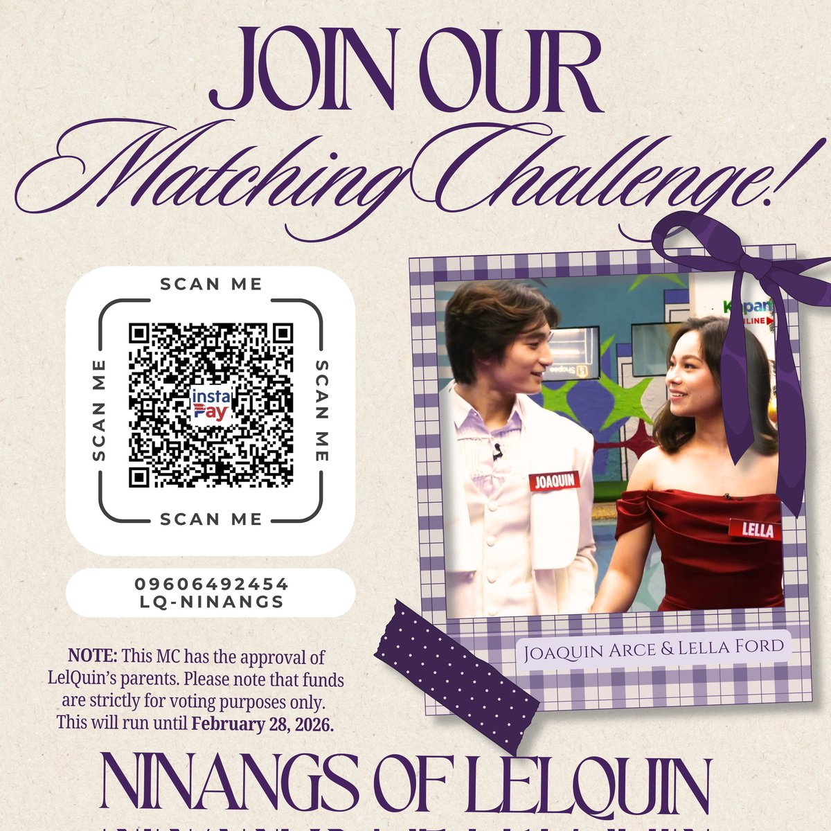 MATCHING CHALLENGE: ROUND 1 

​We’re starting strong with a Php 20,000.00 matching fund! Every peso you give will be doubled.

​To help us with tracking, please send a screenshot of your transaction. We truly appreciate your generosity. Let’s go, Quellas! 

#JoaquinArce |