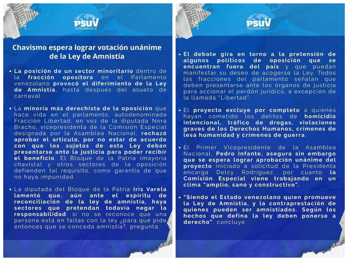 La verdadera Oposición en la Asamblea Nacional defenderán a los exiliados venezolanos que están fuera del país para que puedan acogerse a la Ley de Amnistía y logren regresar sin que deban presentarse ante la Justicia para poder recibir el beneficio.*

facebook.com/share/p/1G51TV…