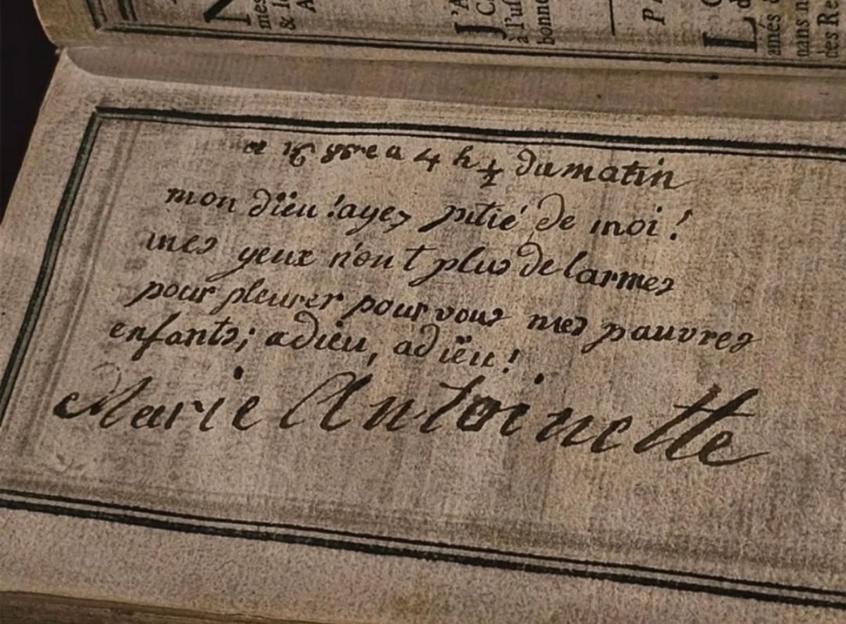 Marie Antoinette’s last note, penned at 4:30 a.m. on the morning of her execution, October 16, 1793.

"My lord, have pity on me!
My eyes have no more tears to cry for you my poor children; farewell, farewell!"