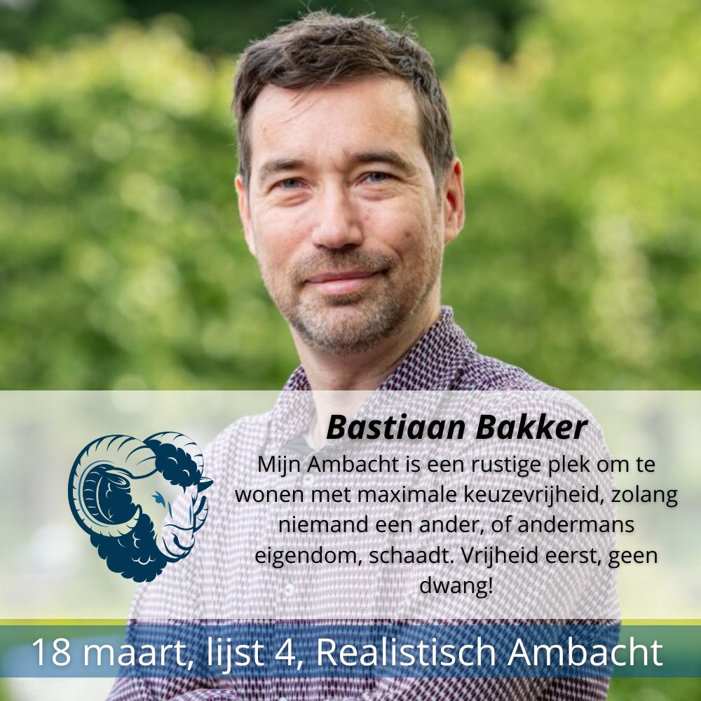 Tot aan de verkiezingen op 18 maart kun je hier kennismaken met acht topkandidaten op wie je kan stemmen! Vandaag onze nummer 5: Bastiaan! Bekijk ons allemaal op ➡️ realistischambacht.nl/kandidaten/