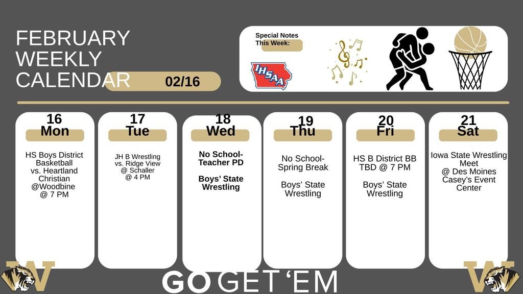 Spring break alert! Short week at WCSD — last day is Tuesday at 3:30. No school Wed–Fri. Enjoy the break!  Don’t forget tickets for District Boys Basketball: iahsaa.org/tickets/
 #WCSD #TigerPride