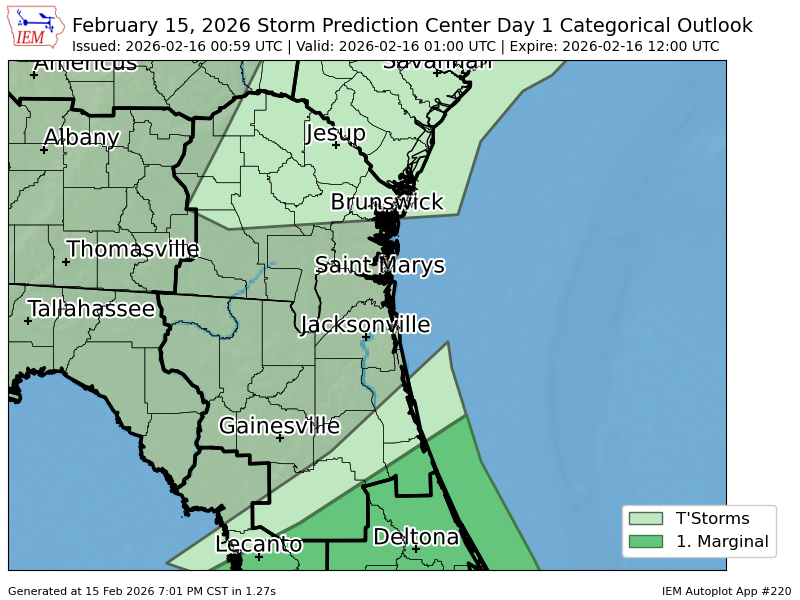 #SPC issues Day 1 Marginal Convective Risk at Feb 16, 0:59z for JAX spc.noaa.gov/products/outlo…