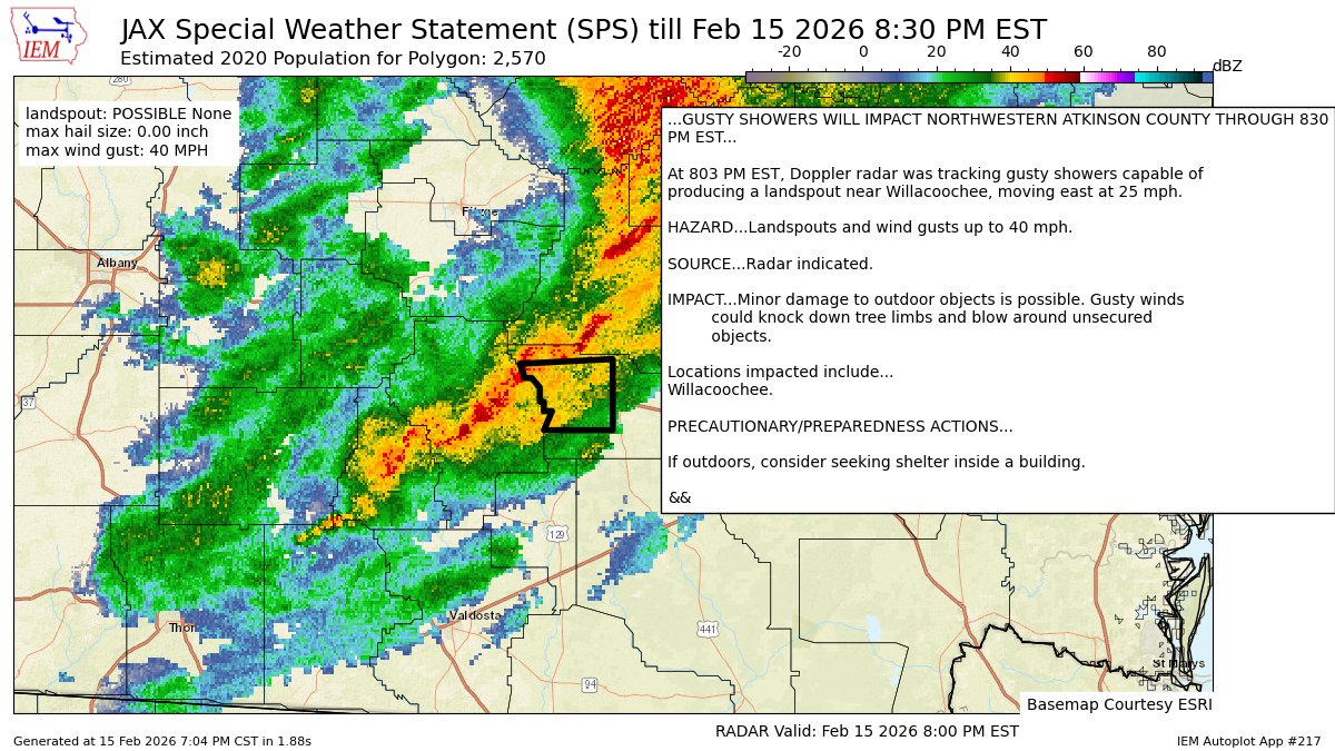 GUSTY SHOWERS WILL IMPACT NORTHWESTERN ATKINSON COUNTY THROUGH 830 PM EST [landspout: POSSIBLE, wind: 40 MPH, hail: 0.00 IN] mesonet.agron.iastate.edu/p.php?pid=2026…