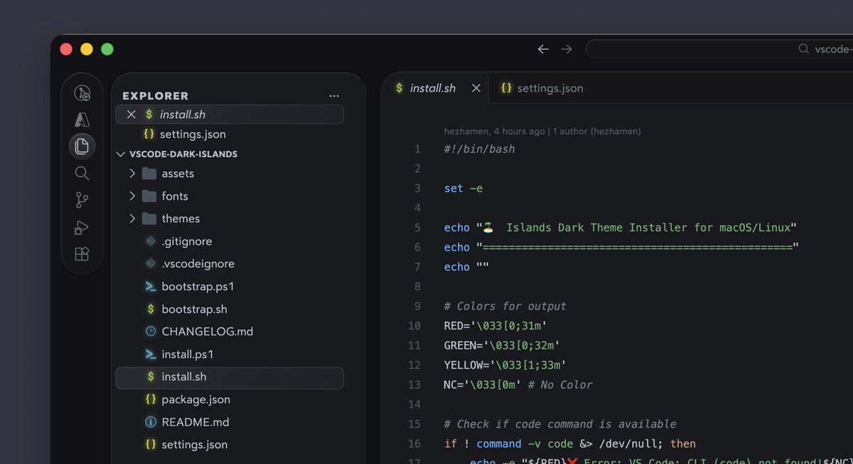 看我找到了什么

一款专为 Visual Studio Code 设计的深色主题，灵感源于 JetBrains 的 Islands Dark 主题。

悬浮面板、语法高亮、深邃底色、玻璃边框、流畅动画、24px 大圆角美学，连滚动条都是药丸形。

github.com/bwya77/vscode-…