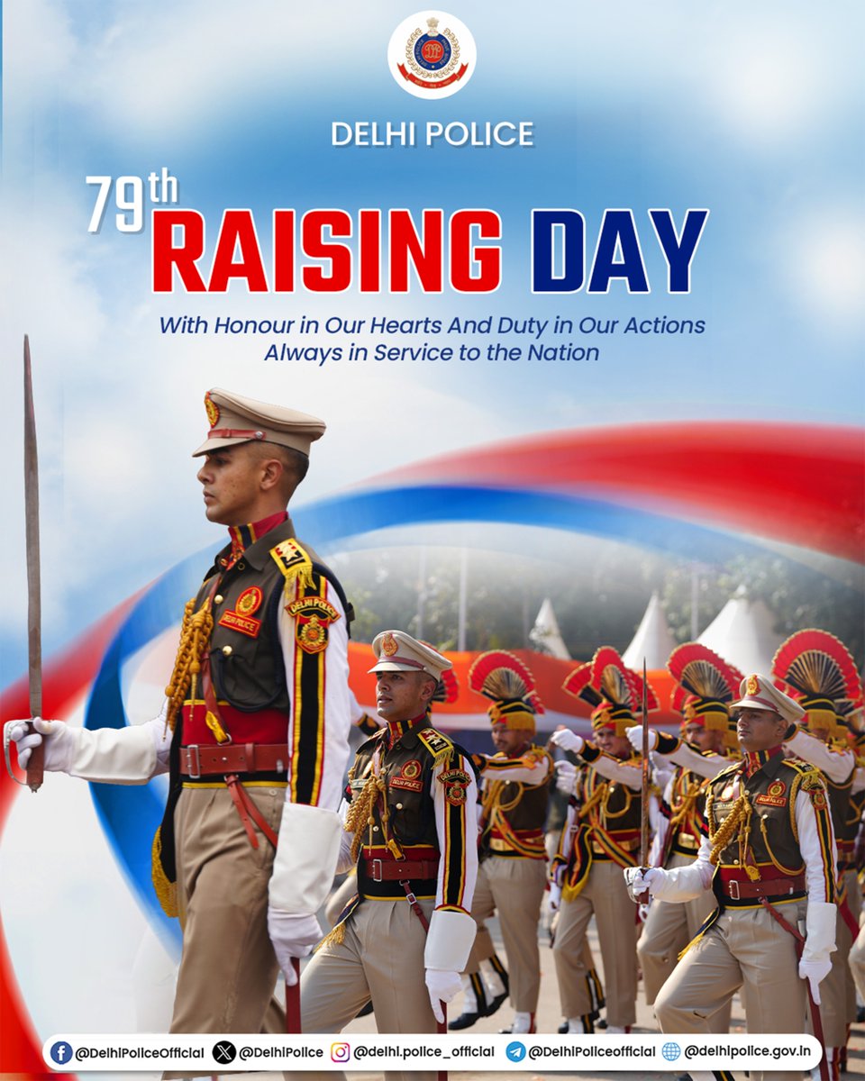 🔶 For 79 glorious years, Delhi Police has stood guard of the capital city with pride. The occasion marks its resolve to relentlessly work for achieving the motto:
शांति, सेवा, न्याय

#DPUpdates
#HelloDelhiPolice
#RaisingDay