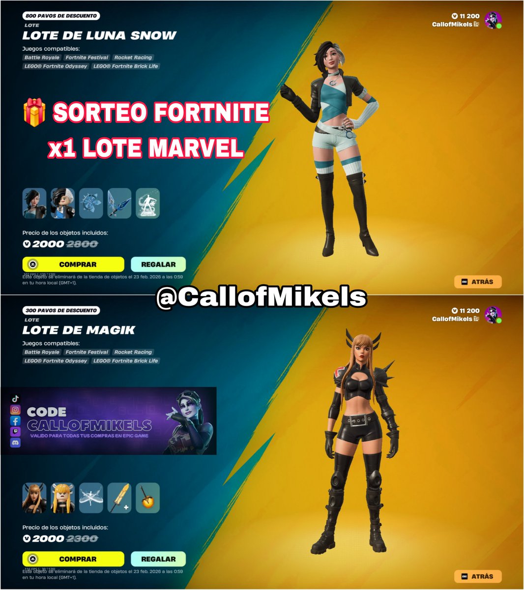 🎁 SORTEO x1 LOTE "MAGIK" o x1 LOTE "LUNA SHOW", FORTNITE x MARVEL 🎁

🚨 Requisitos:
1) Seguirme <a href="/CallofMikels/">CallofMikels_</a>
2) Darle RT y LIKE
3) Unirse a la Comunidad en mi perfil

📆 Finaliza: 19/02/2026

✅️ GANADOR@ ELEGIRÁ UNO de los DOS LOTES

💞 Código "CallofMikels" 🫂

#Fortnite