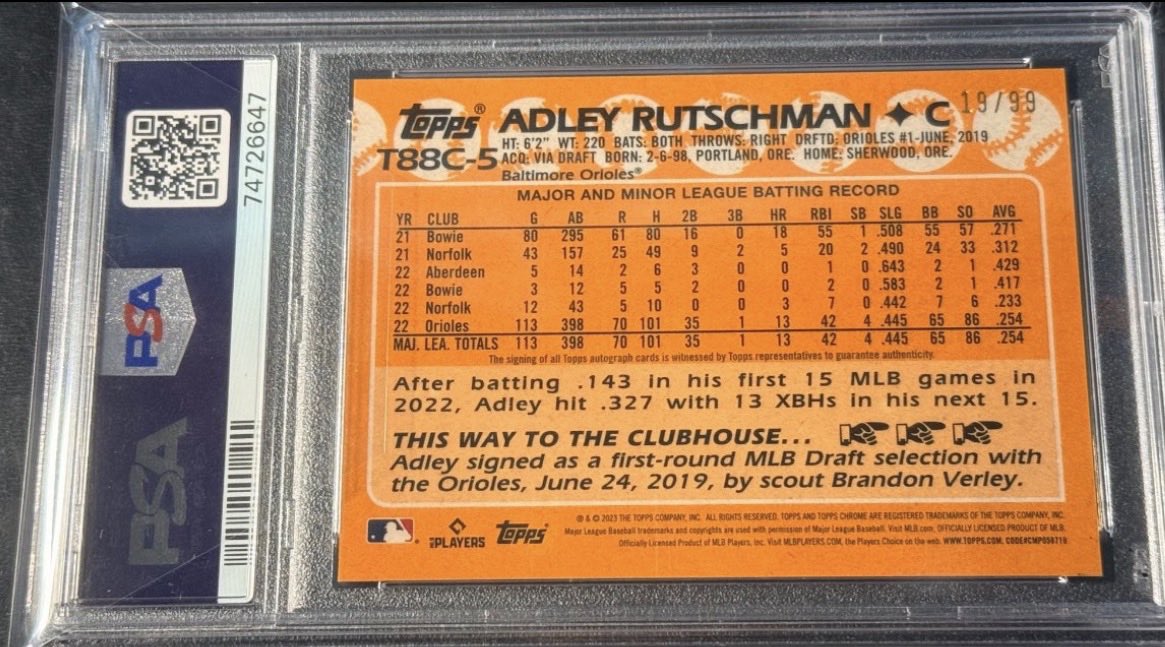 $70
2023 silver pack Adley Rutschman rookie auto /99 PSA 9 Auto Authentic