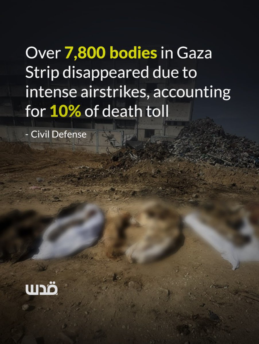 The Gaza Civil Defense reported that 7,820 bodies either completely or partially disappeared due to Israeli airstrikes since October 2023, accounting for roughly 10% of total casualties.

The intensity of the explosives caused bodies to melt or disintegrate in targeted areas,