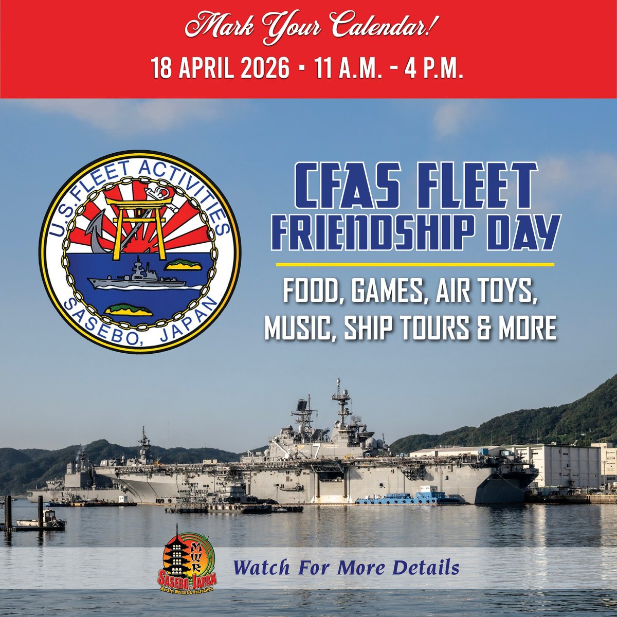 *＼🗽開催決定🎉／*

#米海軍佐世保基地 一般開放
「佐世保フリート・フレンドシップ・デー」

📅 4月18日（土）11時～16時
￣￣￣￣￣￣￣￣￣￣￣￣￣￣

普段は見ることができない
米海軍基地内を見学する1年に1回の大チャンス！✨
カレンダーに印をつけて続報をお待ちください⭕️