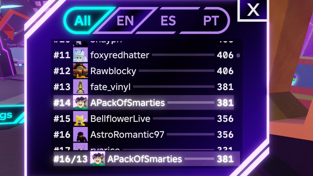 THE COMEBACK IS REAL !!

I started at #423 in Bloxfest. 

I am now TOP 16 in the world.

twitch.tv/apackofsmarties