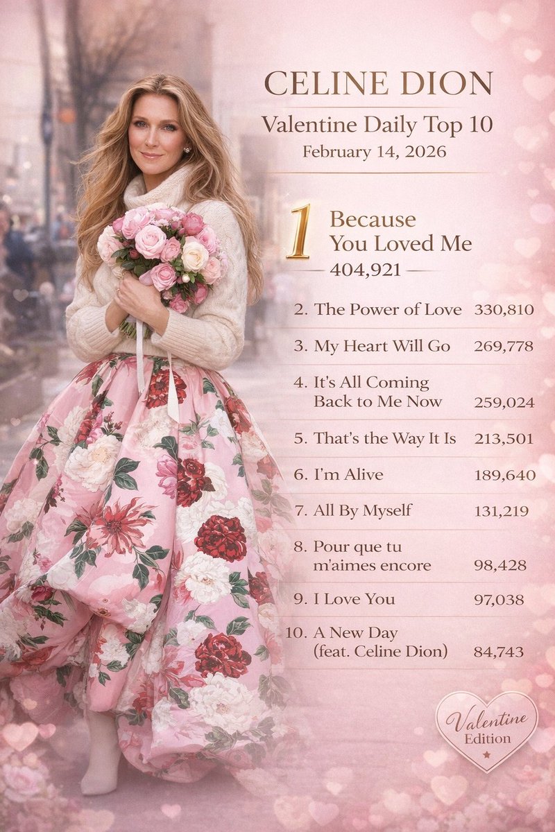 iacgbac's tweet photo. On February 14, 2026, Because You Loved Me leads once again — proving that some love songs don’t fade… they become tradition.
Which Celine love anthem owns your heart this Valentine’s? 💐
#CelineDion #ValentinesDay #BecauseYouLovedMe #CelineChart #SpotifyDaily #LoveSongs https://t.co/ca1HZJ3sDK