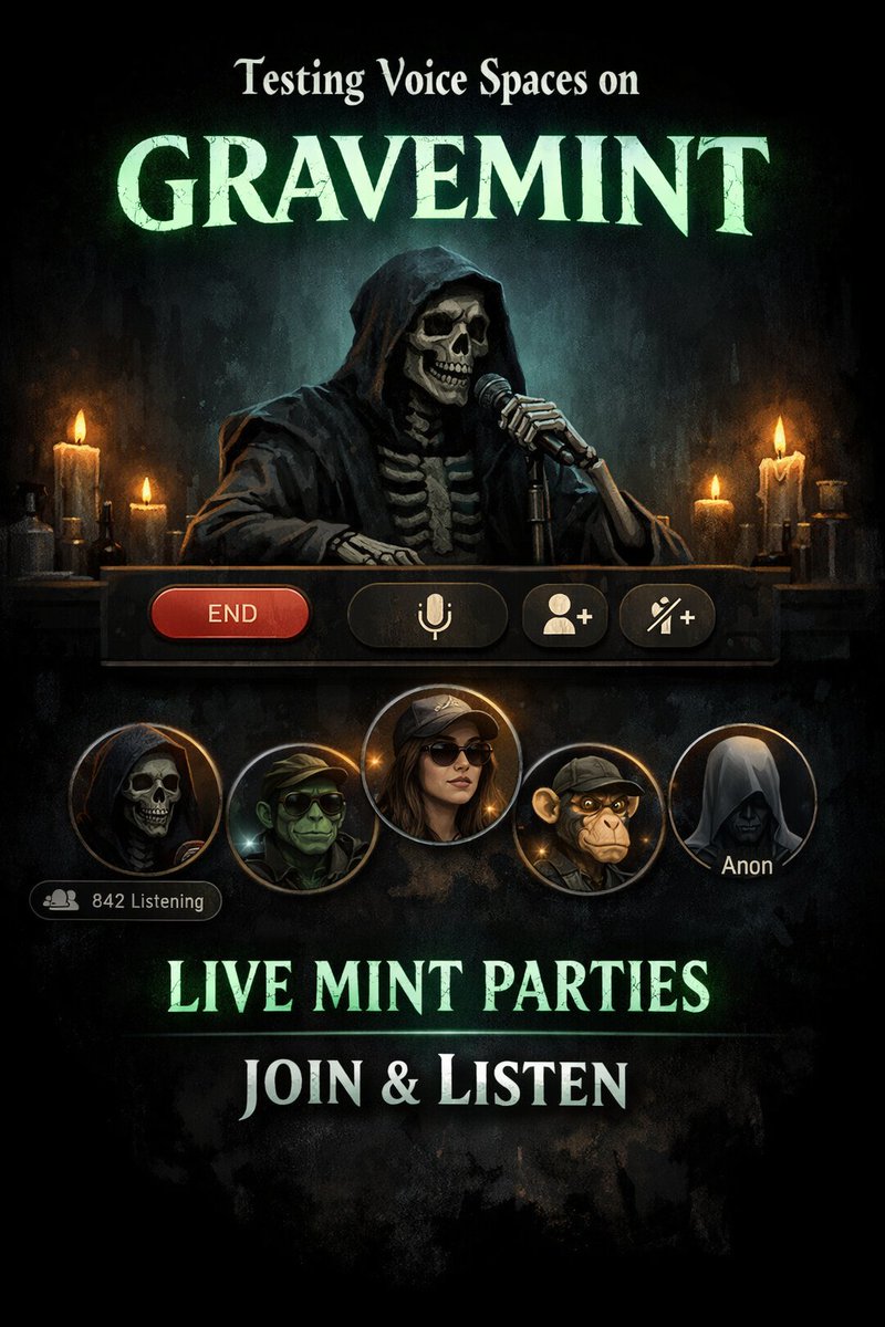Good evening 🌙🕯️

We’re running live tests on Gravemint Voice Spaces — mint parties with real-time stage control, speakers, and listeners (mobile-first). 🎙️

If you catch one tonight, hop in, listen, and help us stress test the future. ⚙️💀
#Gravemint #Web3 #NFTs