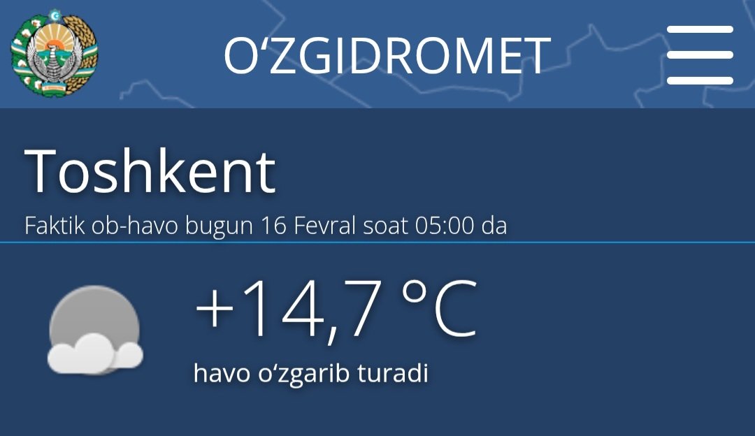🕔 05:00

Фактик об—ҳаво.

Пойтахтда сутканинг энг паст ҳарорат кузатиладиган тонгги муддатда +15°С илиқ ҳарорат.

Апрелнинг сўнги кунларига хос тонгги илиқлилик.