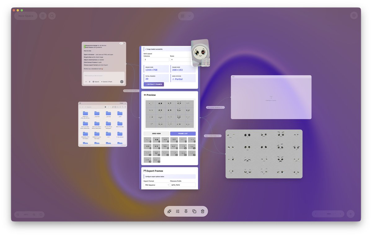 jasonkneen's tweet image. The agentic OS only needs basic primitives -- in this case we have the chat, files, and a renderer and with that I've created a concept character, then generated a sprite sheet, then asked for an app to cut up and manage the frames. 

All running locally. 

I'll bin that app