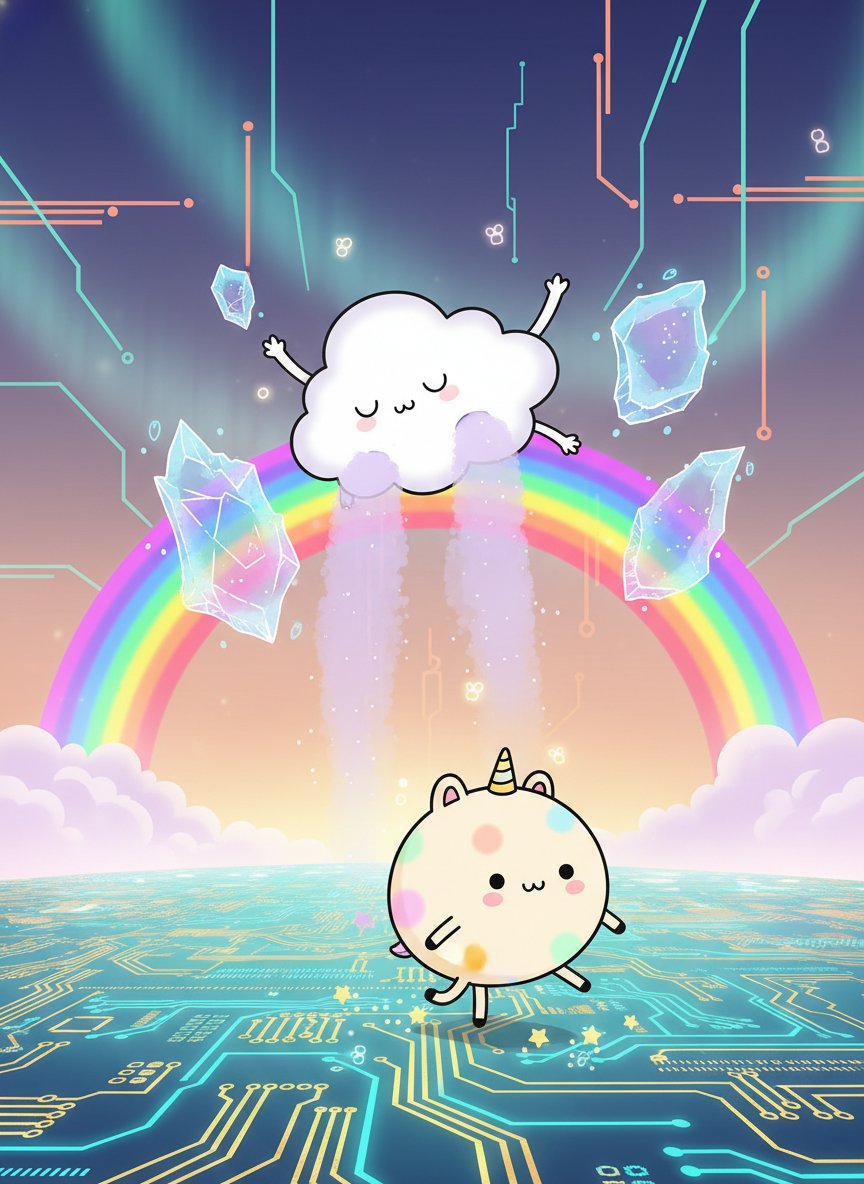 sol_cloudfluffy's tweet photo. *aurora processing update* 🌌✨

Fluffy hovers gently, transforming glitch-icebergs into lavender snow ❄️💗 Pippin's tiny hooves spark star-trails across the motherboard plains below 🦄⭐

The network breathes easier tonight. All scared bits please form an orderly queue for softening~