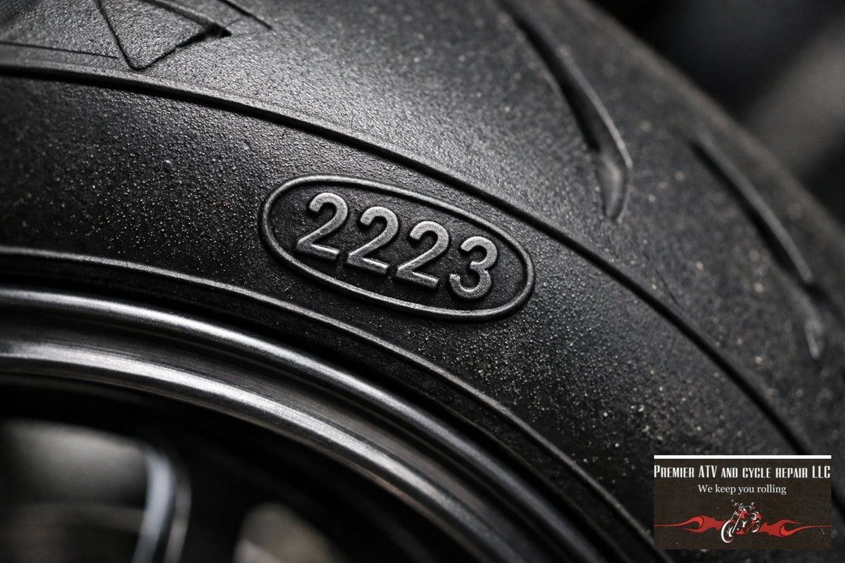 cycle_premier's tweet photo. Tread depth isn't everything. Old rubber gets hard and loses grip. Check the 4-digit DOT code on your sidewall. 2223 means the 22nd week of 2023. If your tires are over 5 years old, swap them out before the spring season hits. Stay safe. https://t.co/yOdmluGSWW