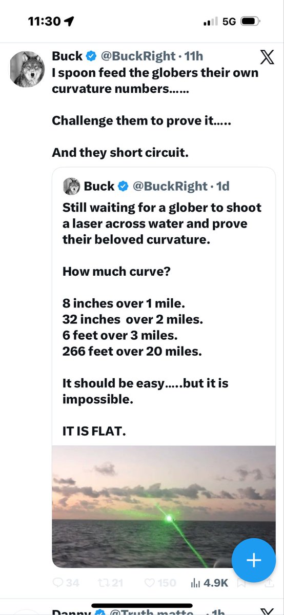 Interesting.
To my knowledge, I’ve only responded to this idiot once to point out the flaw in what he was asking. “8 inches per mile squared” comes from Samuel Rowbotham, idiot zero for the ‘modern’ flat earth ‘movement’.
But now I’m apparently blocked. How brave! <a href="/BuckRight/">Buck</a>