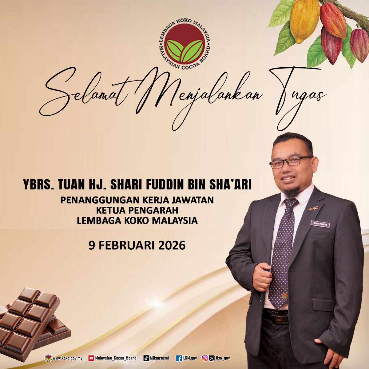 lkm_gov's tweet photo. Selamat menjalankan tugas kepada Tn Hj Shari Fuddin bin Sha’ari, Menanggung Kerja Jawatan Ketua Pengarah, Lembaga Koko Malaysia.

#lembagakokomalaysia https://t.co/VtWWUgHSwO