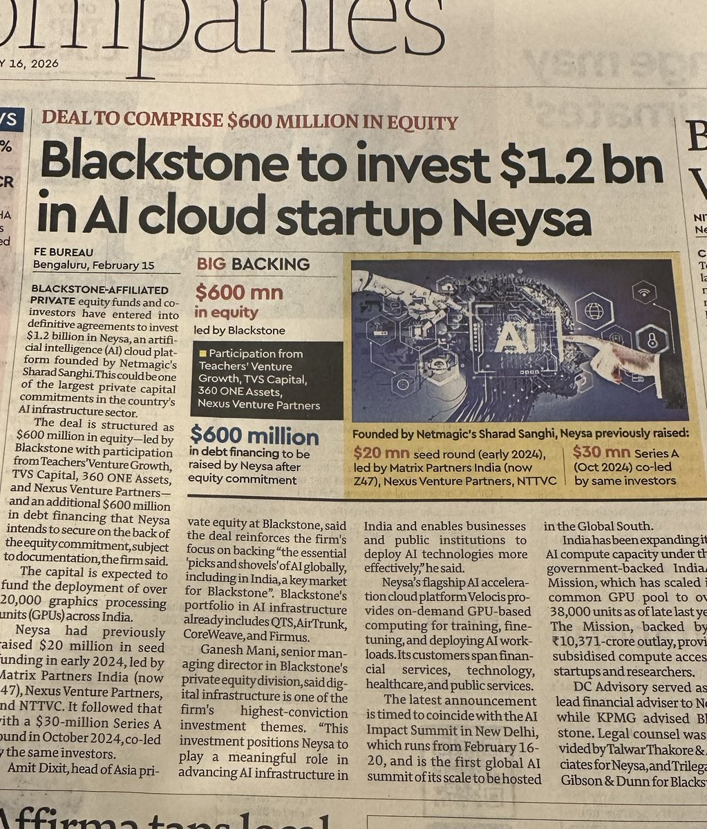 iamrakeshbansal's tweet photo. Blackstone’s Big Bet on India’s AI Future
Blackstone, a top investment firm, is leading a huge $1.2 billion funding for Neysa, an Indian startup that builds AI cloud services.
It’s a big step for India’s tech growth! #AIIndia #Blackstone #Neysa https://t.co/eo8E8m527b