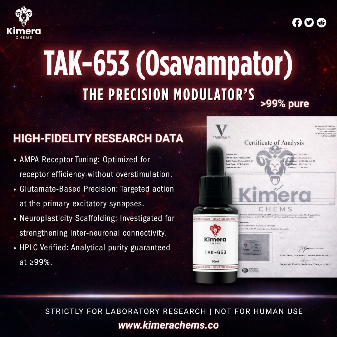 KimeraChems's tweet image. TAK-653 is a novel AMPA receptor positive allosteric modulator studied for its effects on synaptic plasticity and cognitive function. Early research suggests potential impact on BDNF signaling and mood pathways.
For research use only.
#TAK653 #Nootropics #NeuroResearch