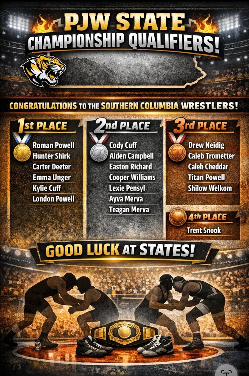 SCA_Wrestling's tweet photo. Congratulations to  the Southern Columbia Jr High and Youth wrestlers who qualified for the PJW State Championships! https://t.co/gvgnlwyciF