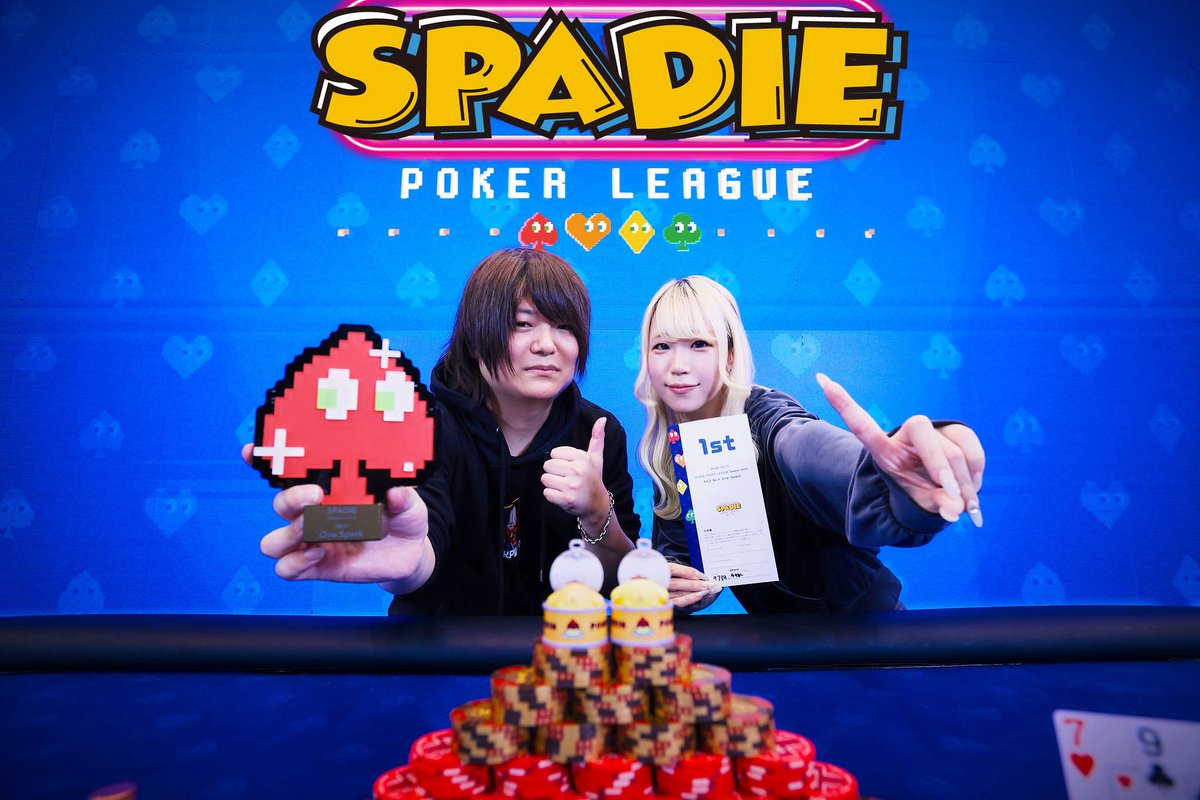sako_rk3's tweet photo. #SPADIE40th 

#01 NLH MainEvent 11th / 2276
#63 NLH One Spark 1st🏆 / 550 

メインDay3に進むも11位で飛翔。
消化不良感があったけどサイド優勝したら耐えかなと思い、選手契約してそのままOne Sparkへ。
なんとか走りきれました🥺

みんなで優勝写真撮れたのが何よりも嬉しかった🥳 https://t.co/x9xFxb9NSV