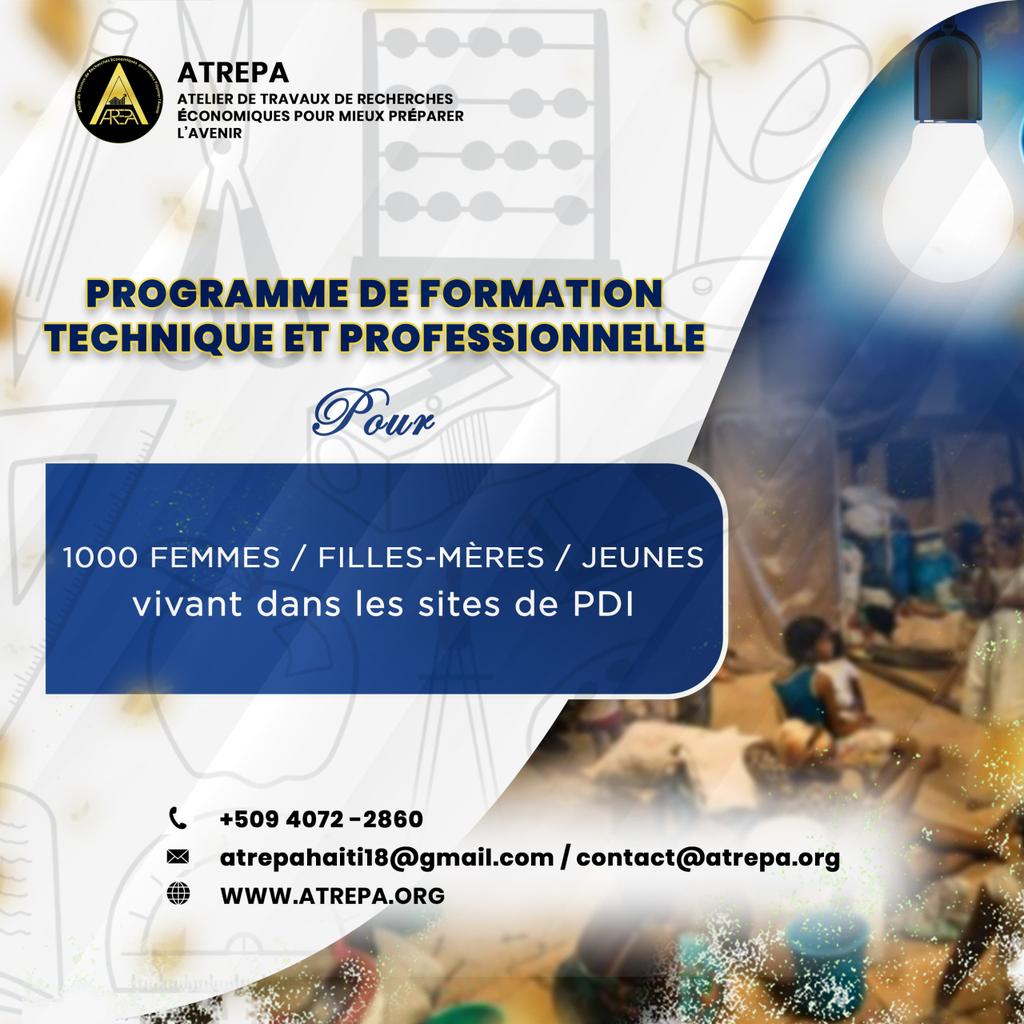 L'organisation ATREPA va lancer un programme de formation technique et professionnelle au profit de mille femmes, filles-mères et jeunes dont l'objectif est de
Renforcer les compétences professionnelles;
Favoriser leur autonomie économique;
Contribuer à leur insertion 
<a href="/IOMHaiti/">IOM Haiti</a>