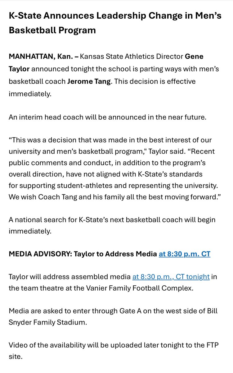 NoahSaccoTV's tweet image. NEW: Statement from #KState announces the firing of Jerome Tang effective immediately

AD Gene Taylor states “recent public comments and conduct, in addition to the program’s overall direction.”

Taylor will address the media in Manhattan tonight at 8:30 pm @KAKEnews