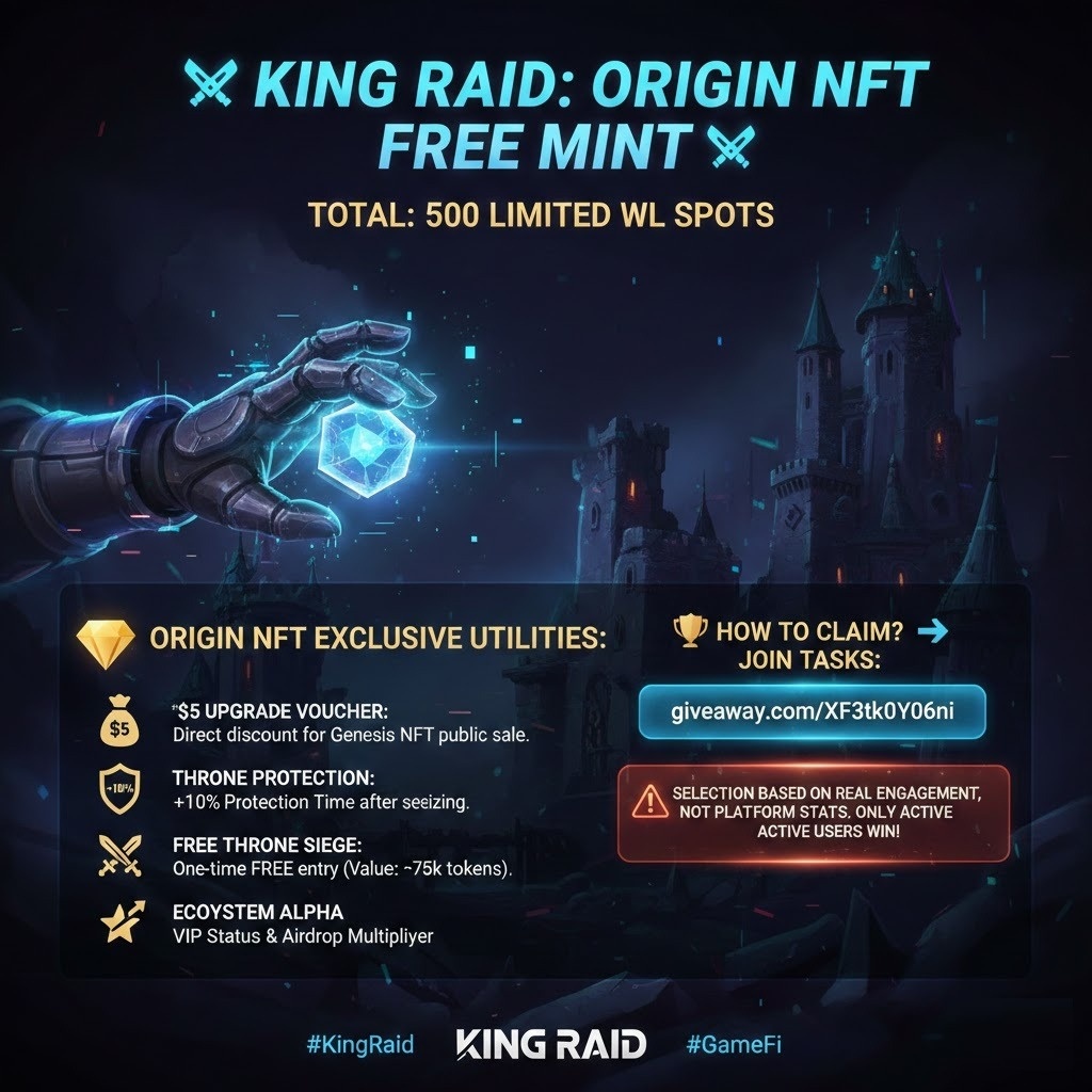 Crypto_Vertex1's tweet image. 🚀 King Raid: Origin NFT FREE MINT
Total: 500 Limited WL

✅ $5 Voucher for Genesis Sale 
✅ Throne Protection +10% 
✅ Free Seize (~75k tokens, ~$20)

👉 Join: [giveaway.com/XF3tK0Y06ni]
⚠️ Selected by REAL engagement, NOT task platform stats. 
@Kingraid_xyz
#KingRaid #FreeMint