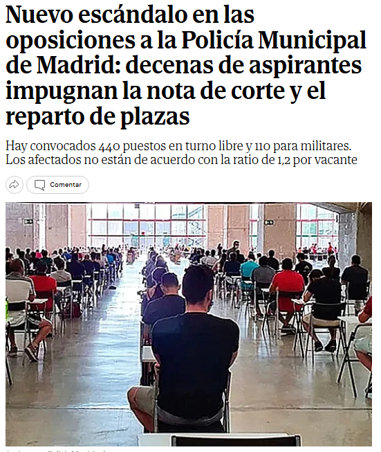 ¿Corrupción en las oposiciones para Policía de Almeida? Me sangras y no pincho. 🙄
"Varios de los opositores denuncian la «llamativa concentración» de calificaciones de 10 vinculadas a una academia concreta dirigida por antiguos mandos de Policía Local de la Comunidad de Madrid."