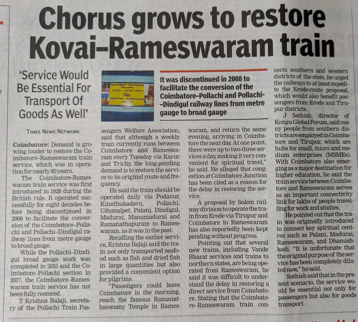 Coimbatore to South TN, 5 trains must be restored, stopped due to Gauge conversion 10 years ago.

Rameswaram, Sengottai, Thoothukudi, Madurai &amp; Dindigul.

#indianrailways #southernrailways 
#PMModi