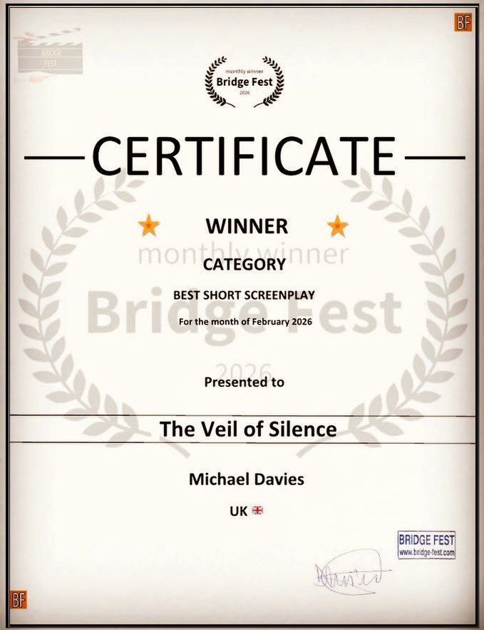 Best short screenplay for the month of February Michael Davies @bridgefestiff @filmfreeway #uk #canada🇨🇦 #usa #vancouver darkquillfilm.co.uk <a href="/FestBridge/">Bridge Fest</a> <a href="/FilmFreeway/">FilmFreeway</a>