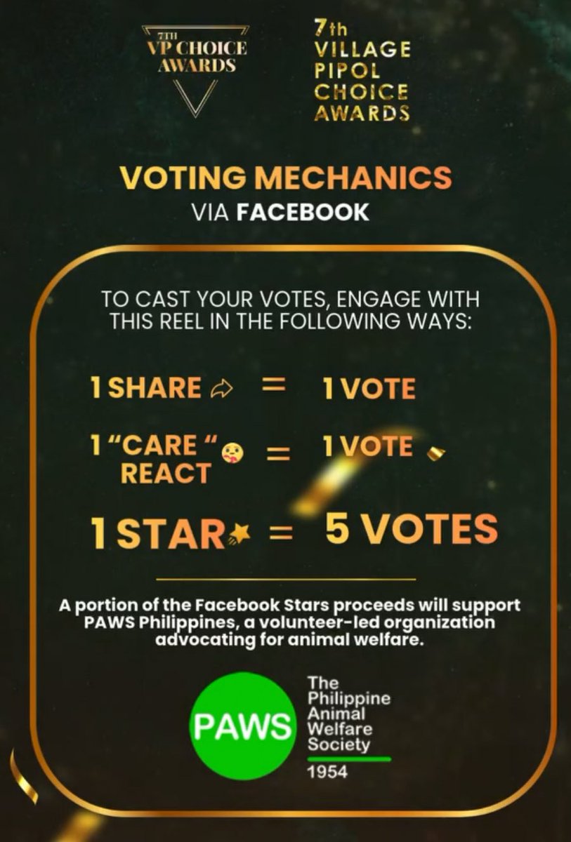 We can also vote via Facebook.

Link:
Love Team Of The Year (RabGel)
facebook.com/share/v/18MU9j…

Tv Actor of the Year (Rabin)
facebook.com/share/v/1ENqt9…

Promising Male Star (Rabin)
facebook.com/share/r/1GT7qX…

Promising Female Star (Angela)
facebook.com/share/r/18DHeQ…
