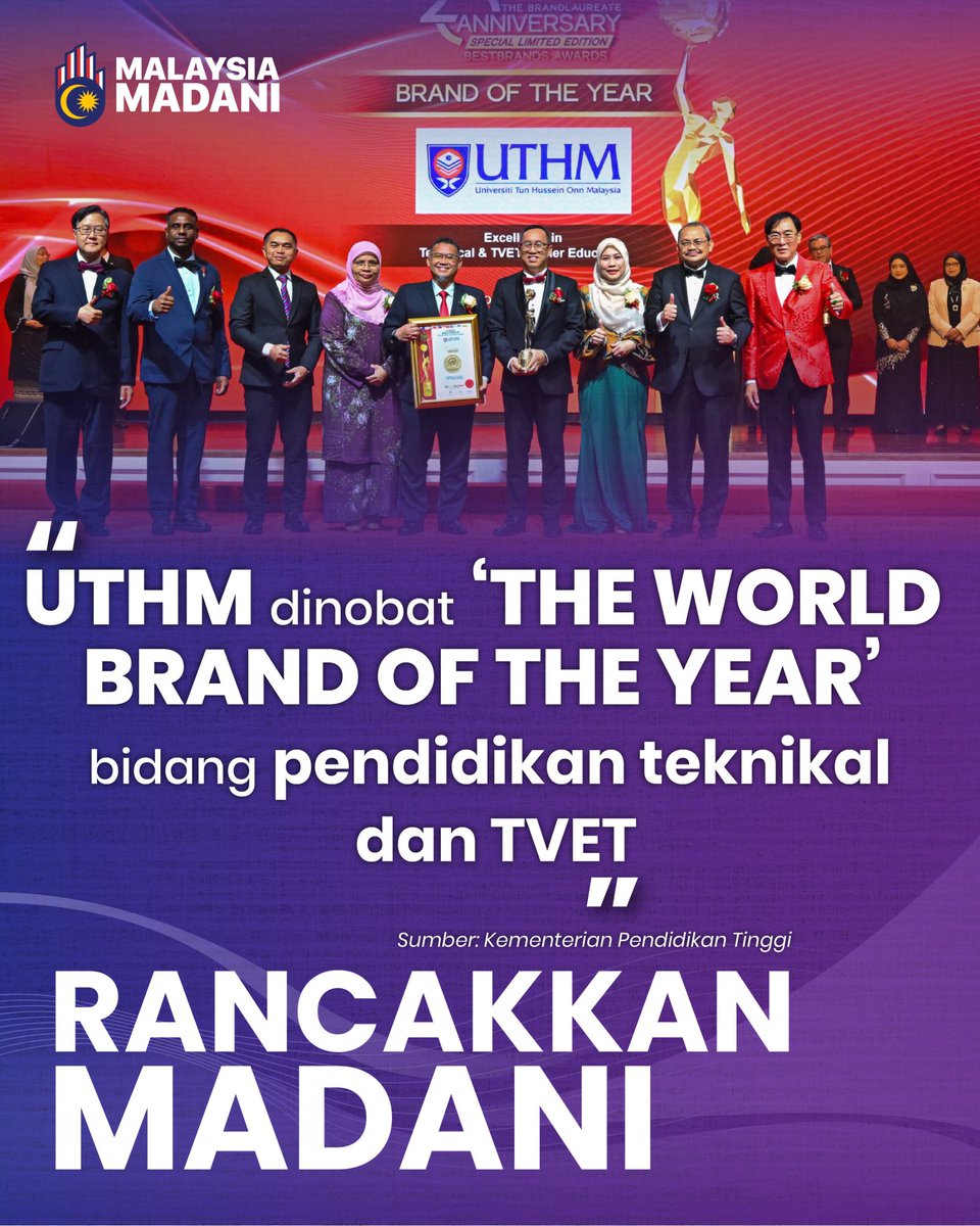 🏆🌍 UTHM DINOBATKAN ‘THE WORLD BRAND OF THE YEAR’ BIDANG TVET

Baca lanjut: facebook.com/share/p/1DMMQr…

<a href="/ZambryOfficial/">Zambry Abd Kadir</a> <a href="/AdamAdli/">Adam Adli</a> 

#RancakkanMADANI
#MADANIbekerja
#MalaysiaMADANI