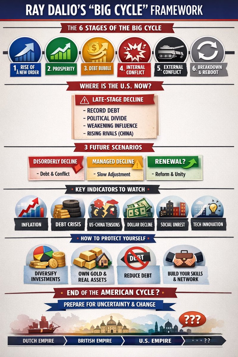 <a href="/RayDalio/">Ray Dalio</a> What is the Big Cycle? Ray Dalio studied over 500 years of history and found that all major nations go through a predictable 6-stage cycle: 1.Rise of a New Order – when unity, hard work, productivity, and strong education lead the way. 2.Prosperity – when wealth grows and the