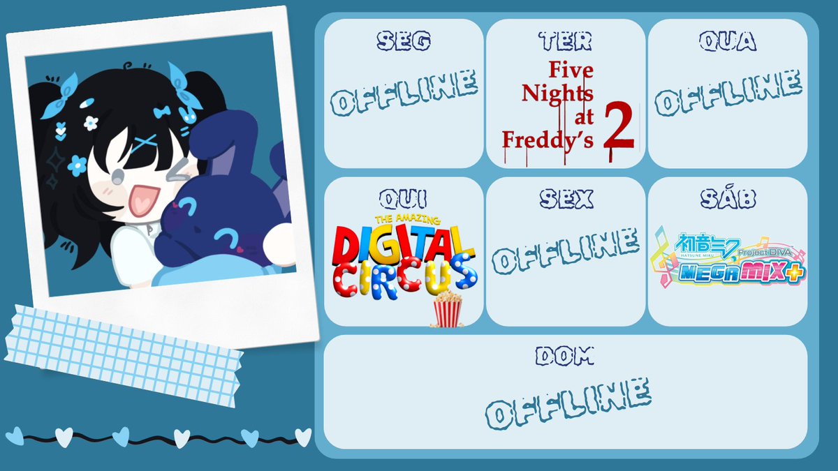 °○. Cronograma da semana yebaaaaa^^
Tbm teremos collabs fora de live na segunda e sexta muehehe >:)